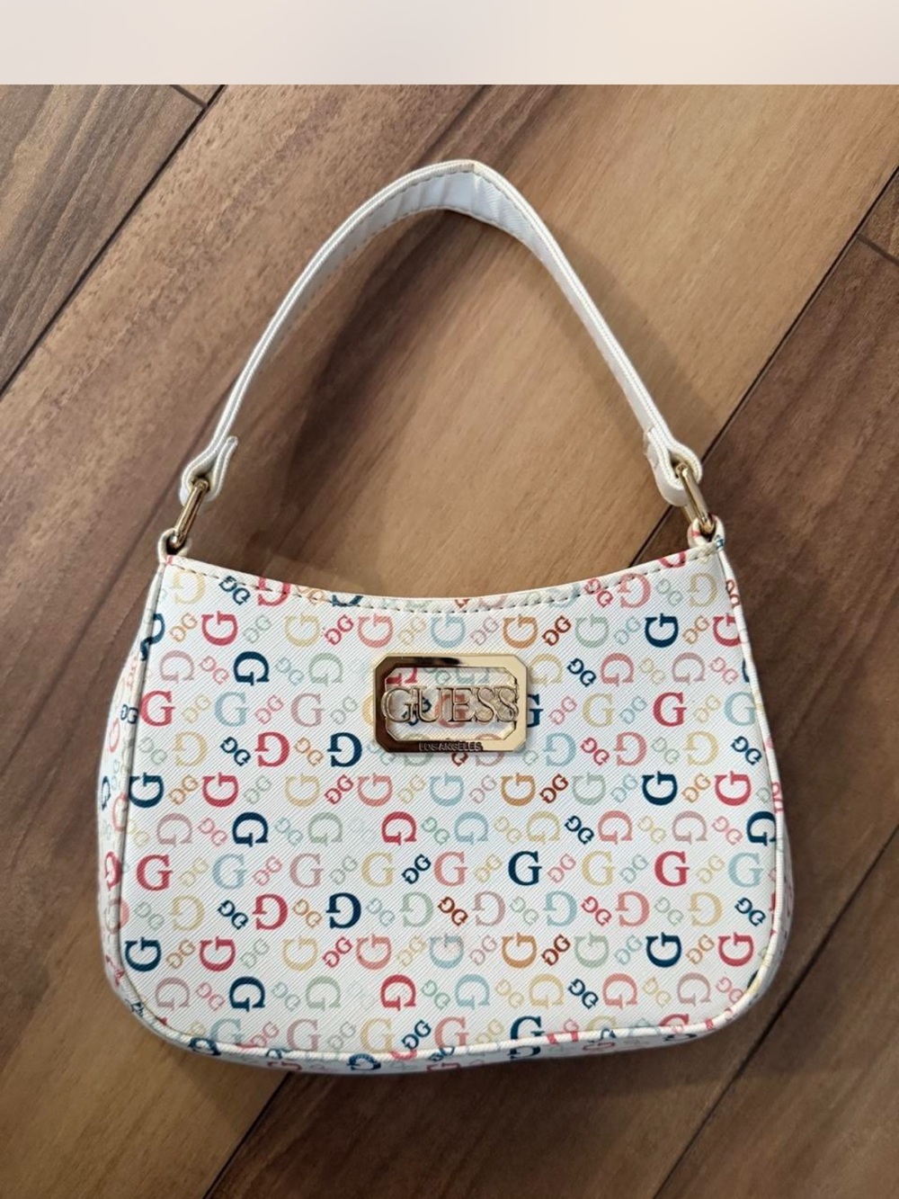 GUESS White Shoulder Bag with Multicolor Logo Print